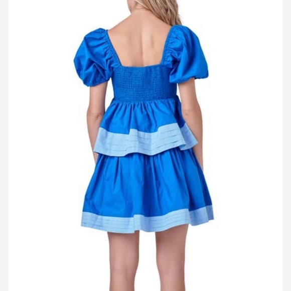 NWT English Factory Blue Puff Sleeve Tiered Smocked Mini dress size Large. - Picture 2 of 10